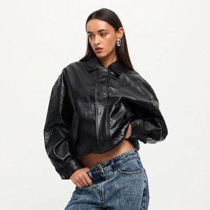 LIONESS Kenny Bomber - Faux Leather Oversized Bomber (Black, XS)